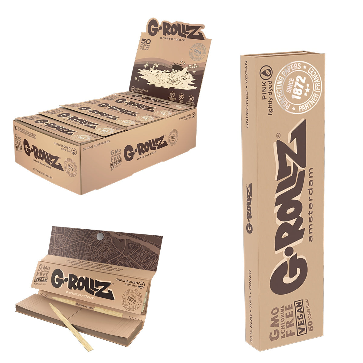 G-Rollz Unbleached Extra Thin KS Papers + Tips & Pocker